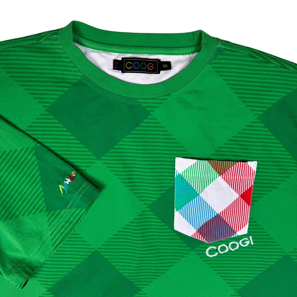 COOGI Argyle Plaid T-Shirt Men XXL Green Geometric Pocket Streetwear Y2K Hip Hop